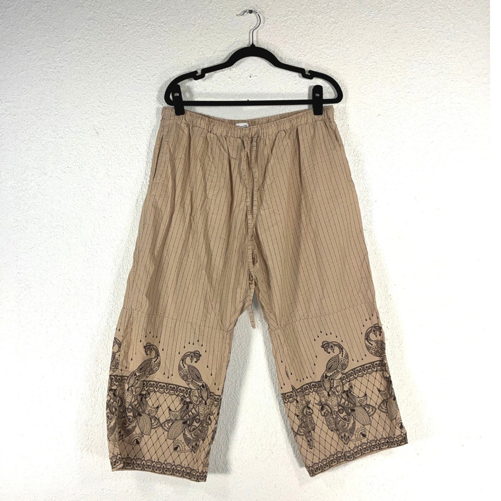 Sudara Punjammies Womens XXL Tan Peacock Print Striped Cotton Lounge Pants India